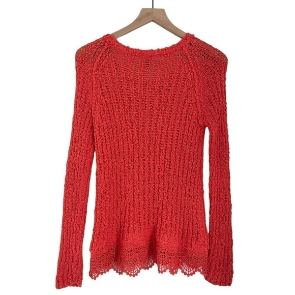 Anthropologie Knitted & Knotted Knit Lace Hem Sweater Coral Orange Size Small - Picture 4 of 9